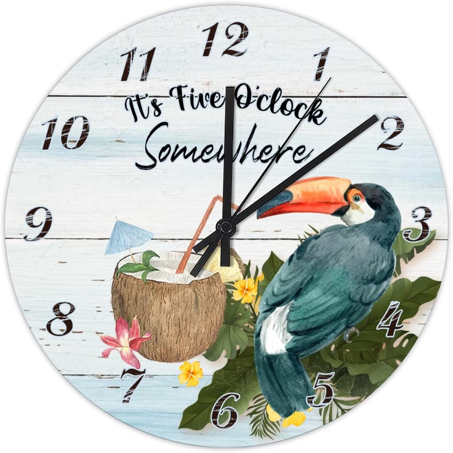 15 Inch It's 5 O'Clock Somewhere Parrot Wall Clock Silent Non-Ticking Quartz Battery Operated Tiki Decor Home Decor Clock Round Clock for Home Office School