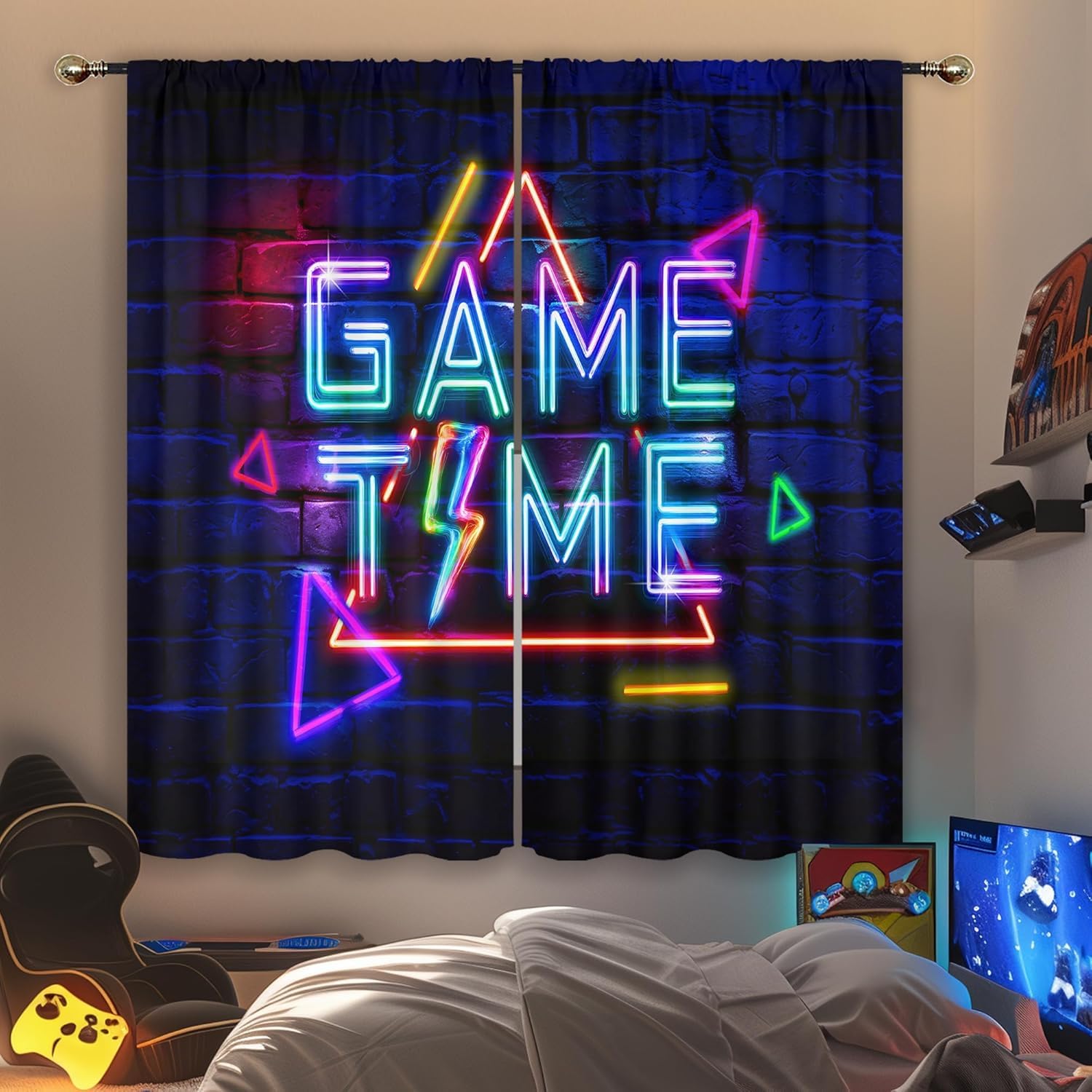 Kids Neon Gaming Curtains for Boys Bedroom Game Time Cool Game Room Decor