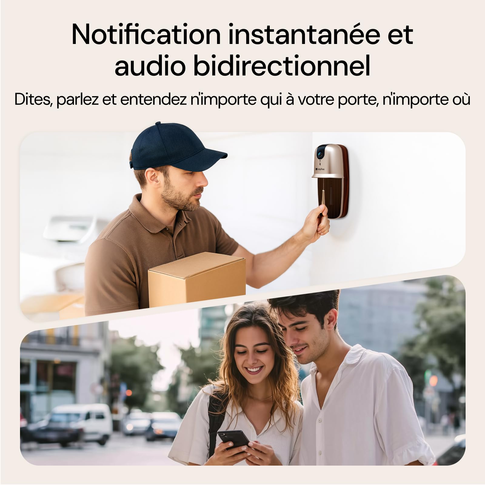 Sonnette sans fil avec caméra 1080P HDR WiFi 2.4/5GHz solaire Détection Humaine PIR Vision Nocturne Audio Bidirectionnel