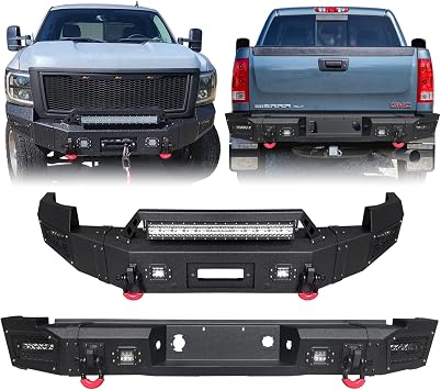 Front and Rear Bumper Compatible with 2007 2008 2009 2010 Chevrolet Chevy Silverado 2500/3500 w/Winch Plate & 9 LED Lights & D-Ring & Sensor Mounting Hole