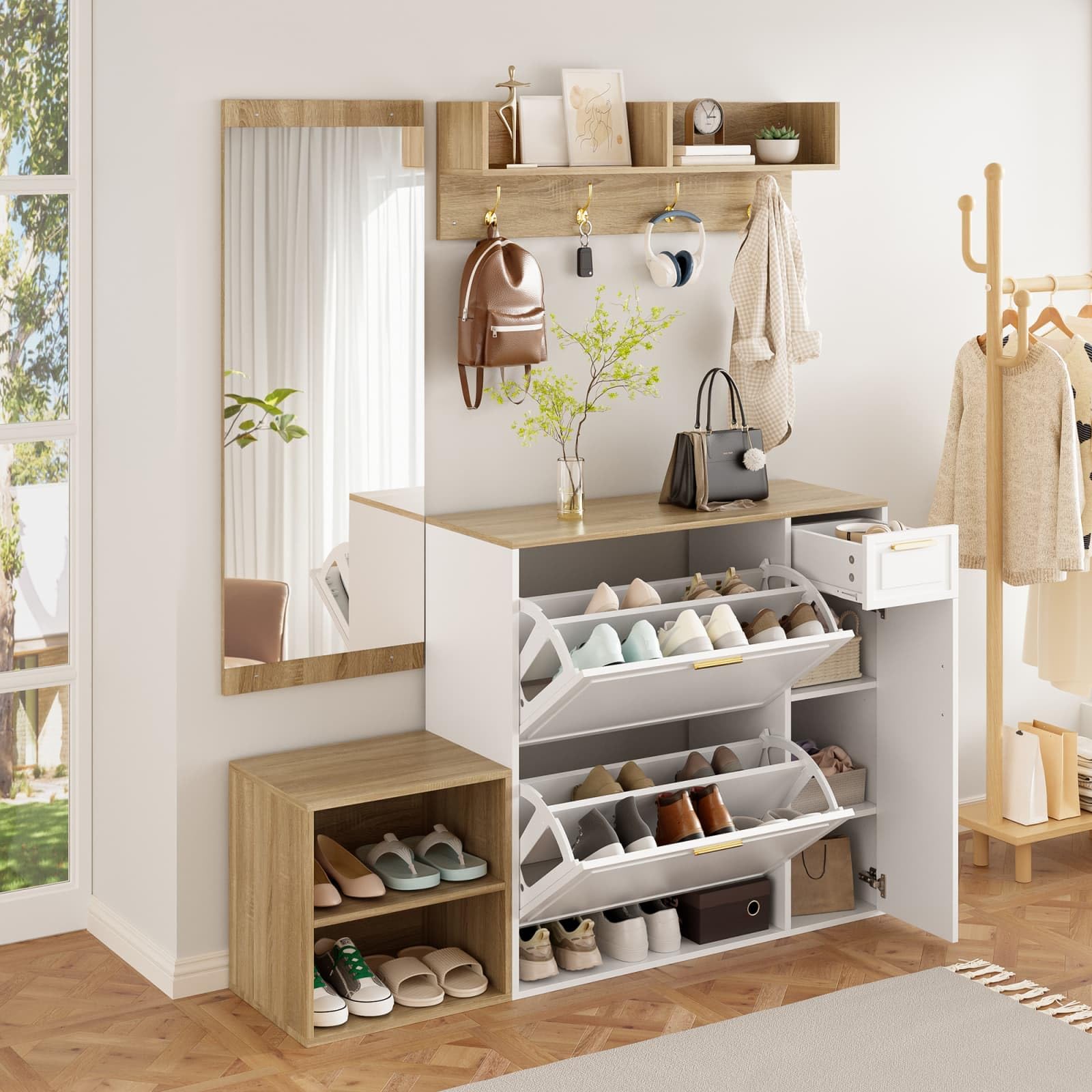 Sweiko Ensemble entrée 4 pièces avec Rangement Chaussures et 1 tiroir, Meuble d'Entrée avec Miroir et patère Murale, Armoire compacte avec Étagères Ouvertes pour Hall, Couloir (Natural+White)