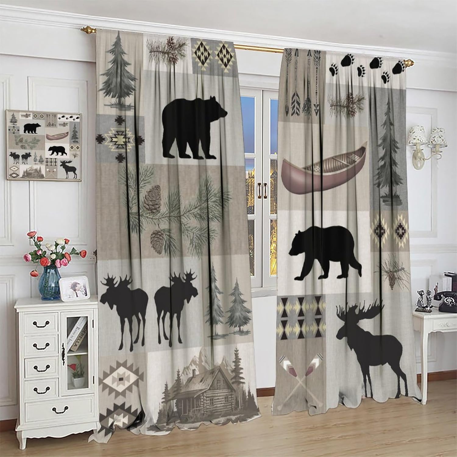 Rustic Bear Moose Deer Curtains, Retro Pine Tree Cabin Country Lodge Camping Window Treatments Vintage Tribal Aztec Abstract Geometric Blackout Window Drapes for Bedroom Living Room 42x54in