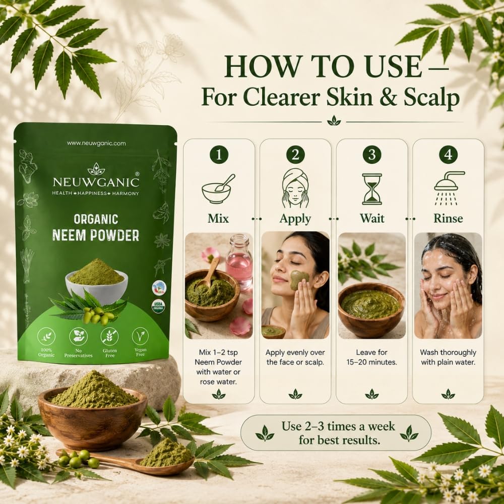 Neuwganic - Organic Neem Leaf Powder - Neem Powder for Face Pack, Eating, Hair & Skin Care - 200 Gm - Pack of 1 4