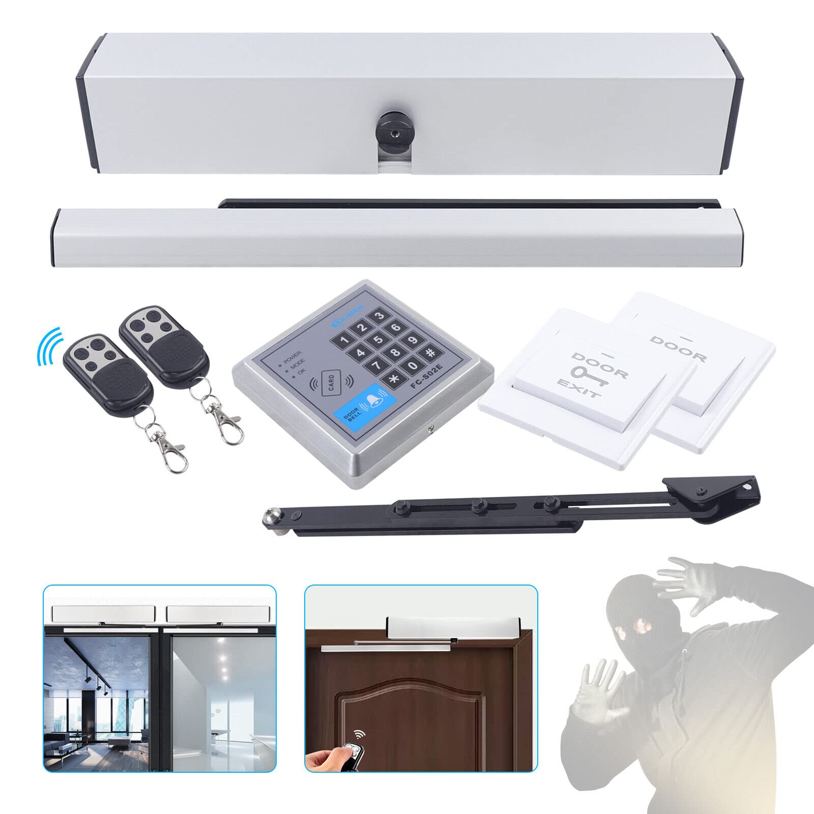 Chiudiporta automatico con funzione di bloccaggio, azionamento elettrico della porta da 24V, apriporta elettrico, chiudiporta per porte oscillanti con 2 x telecomando e pulsante a pressione + 5 x