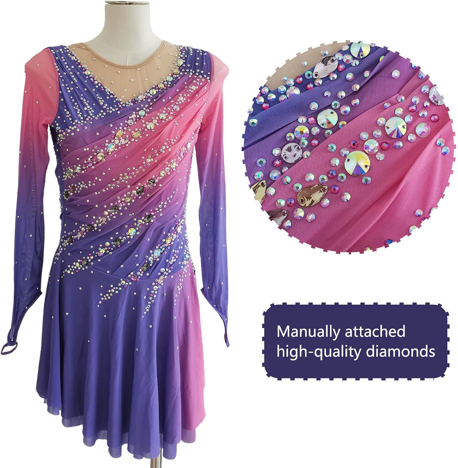 LIUHUO Ice Figure Skating Blue Purple Dress Women's Girls Competition | Long Sleeve,Comfort,Ventilate,Elastic,Support Customization,Shining Diamond