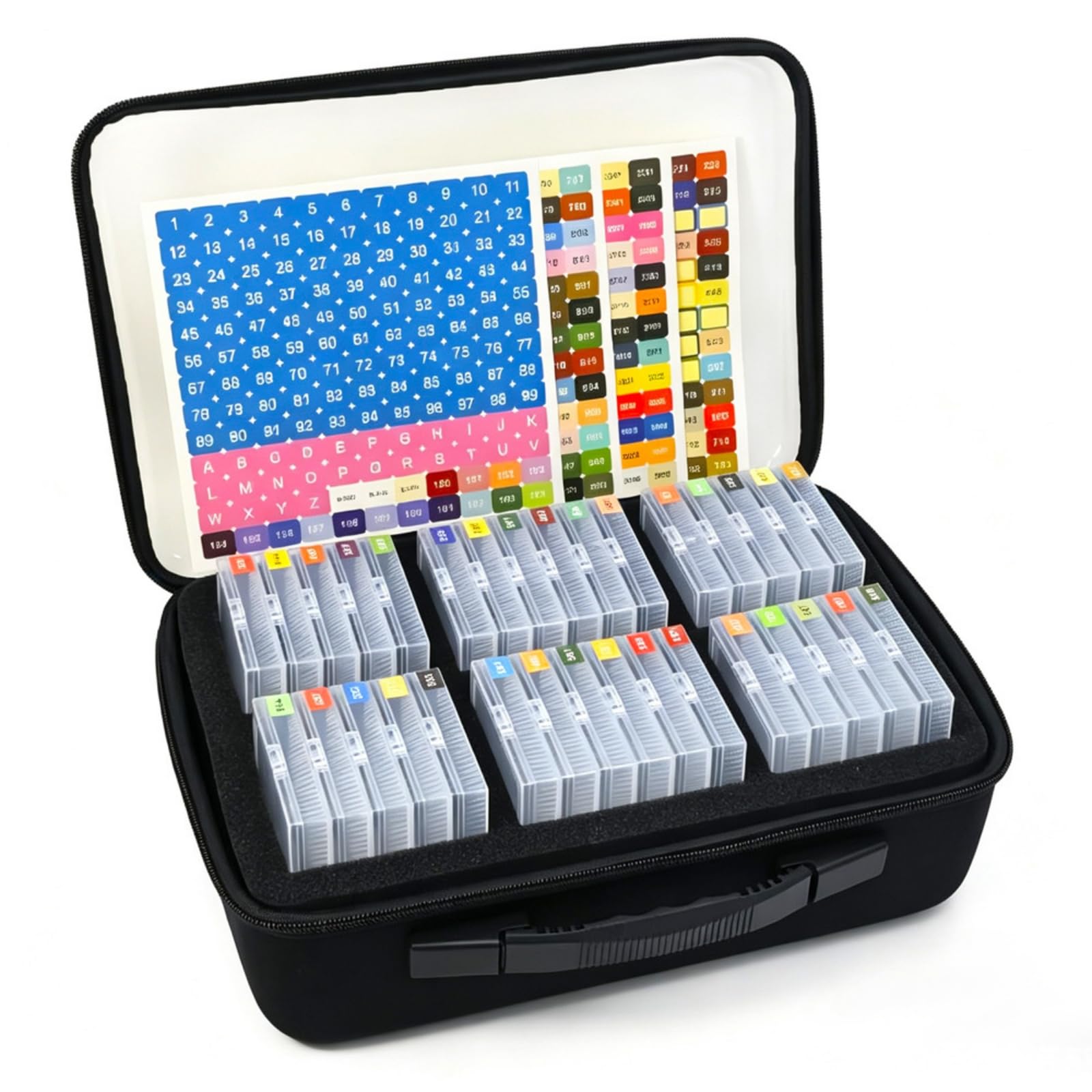 Bastelperlen Organizer Perlenbox Aufbewahrungsbox Sortierkasten Aufbewahrungskoffer mit 64 Kleinen Fächern Und Farbetiketten in Robuster Eva Tasche für Perlen Schmuckdesign Hobbyraum Messe
