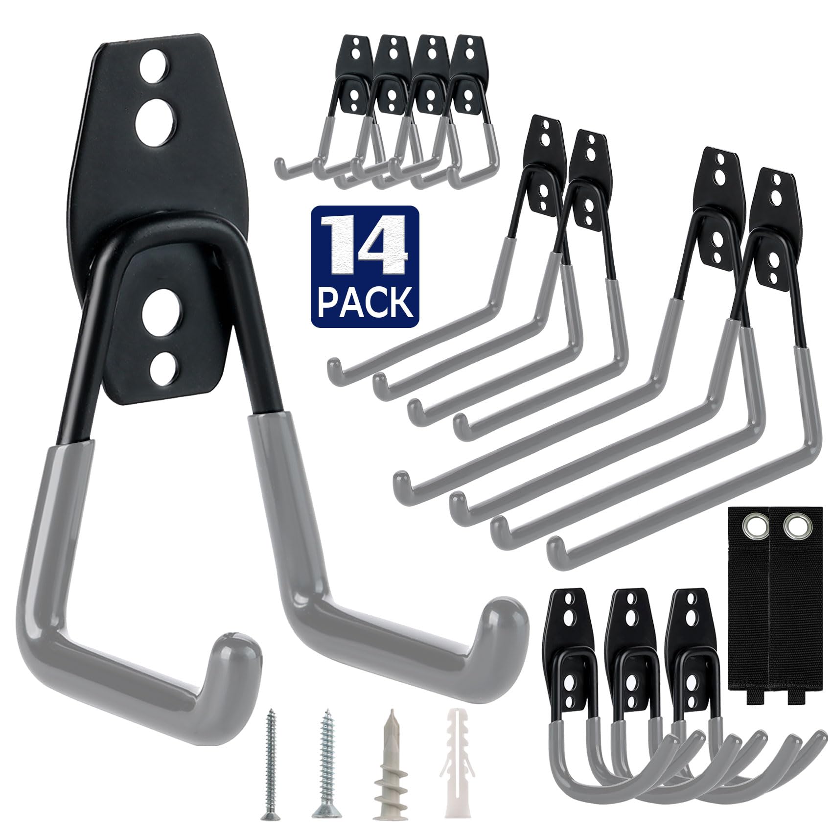 14-Pack Utility Garage Hooks for Hanging- Heavy Duty Garage Wall Hooks, Wall Mount Hooks, Garage Storage Hooks Organization Tool for Garden, Ladders, Bikes Garage Organizers Storage （Grey）