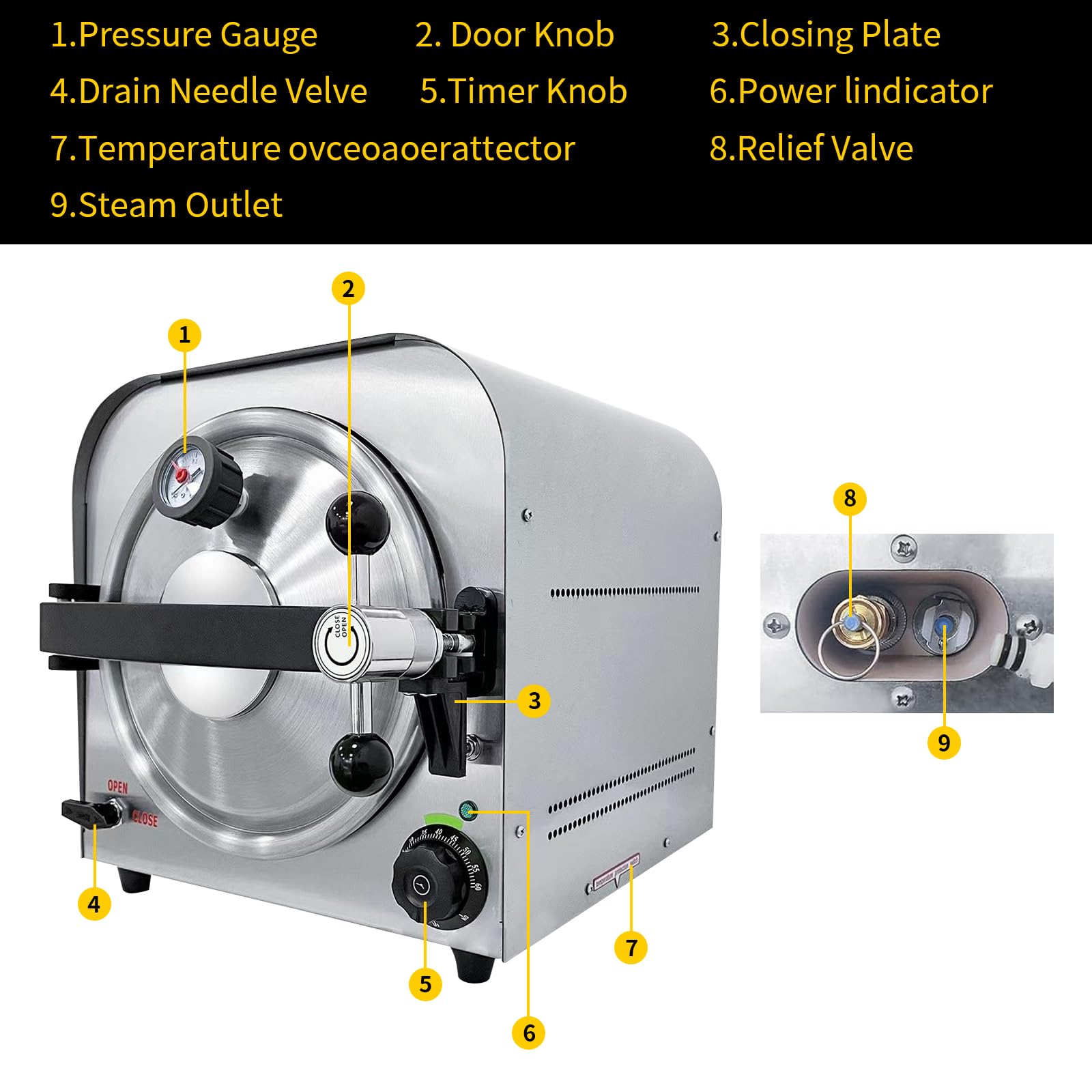 Esterilizadores en autoclave de 14 l, autoclave esterilizador de laboratorio de 110 V, 900 W, autoclave para herramientas, esterilizador de vapor de acero inoxidable, máquina esterilizadora
