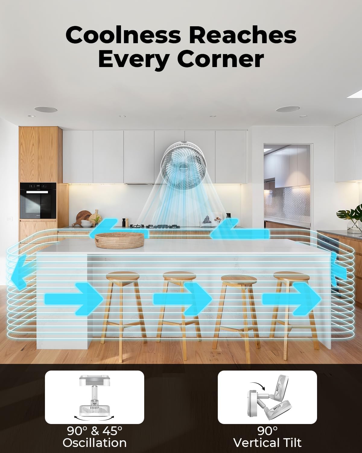 AMACOOL 8'' Non-Drilling Wall Mount Fan with Remote, 10000mAh Rechargeable, Quiet 9 Speeds, 90° Oscillation & Tilt, Smart LED Display with Timer, Portable Fan for Bathroom Bedroom RV Kitchen (White)