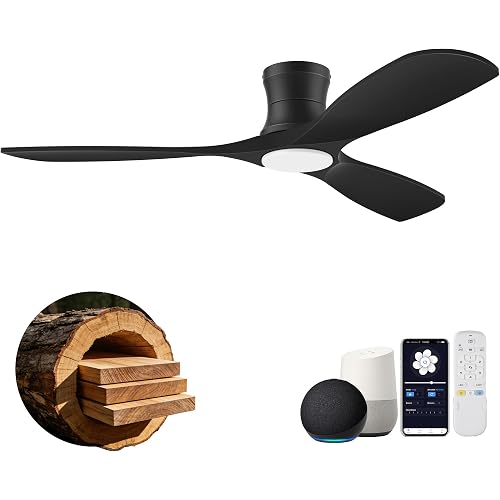 52” Smart Low Profile Ceiling Fans with Lights Remote,Wood Flush Mount Modern Ceiling Fan for Bedroom Living Room Patio,WIFI Alexa App Control,Outdoor Indoor Use,Matte Black,Ultra-Quiet,Dimmable LED