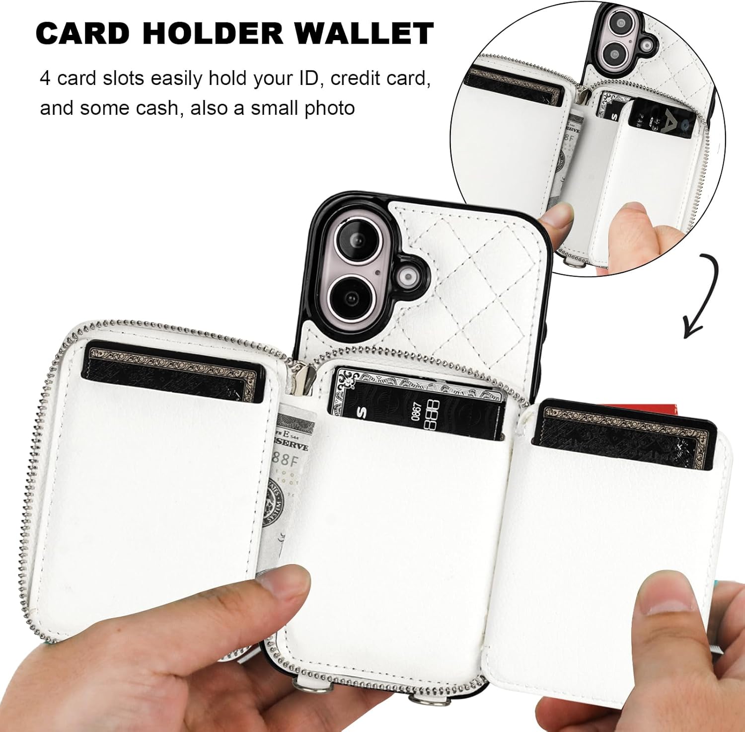 Bocasal Crossbody Wallet Case for iPhone 16, RFID Blocking PU Leather Zipper Handbag Purse Flip Cover, Kickstand Folio Case with Card Slots Holder Wrist Strap Lanyard 5G 6.1 Inch (White)