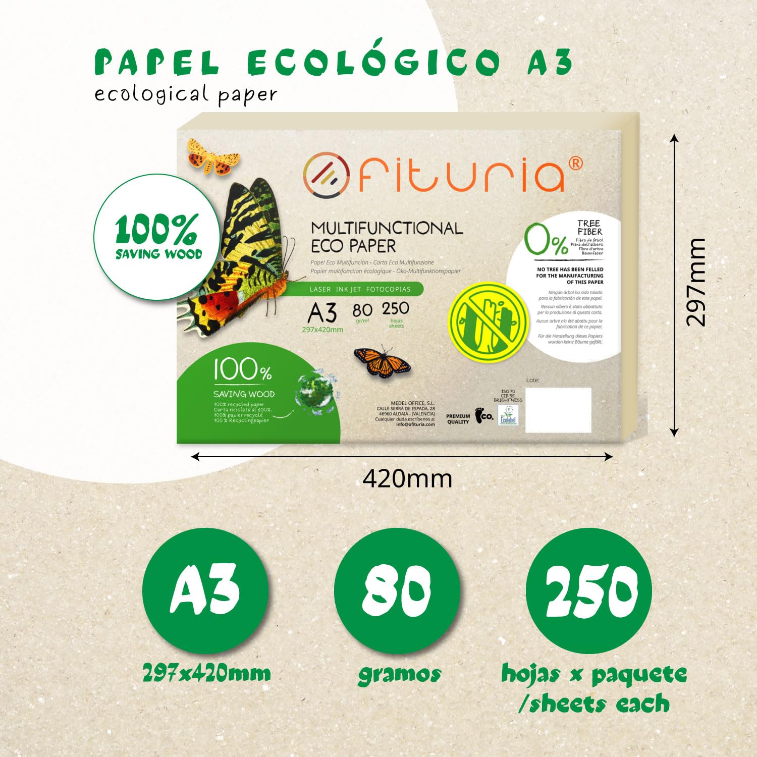 Papier Recyclé A3 80g 250 Feuilles 100% Recyclées Couleur Naturelle pour Imprimante Laser et Jet d'Encre