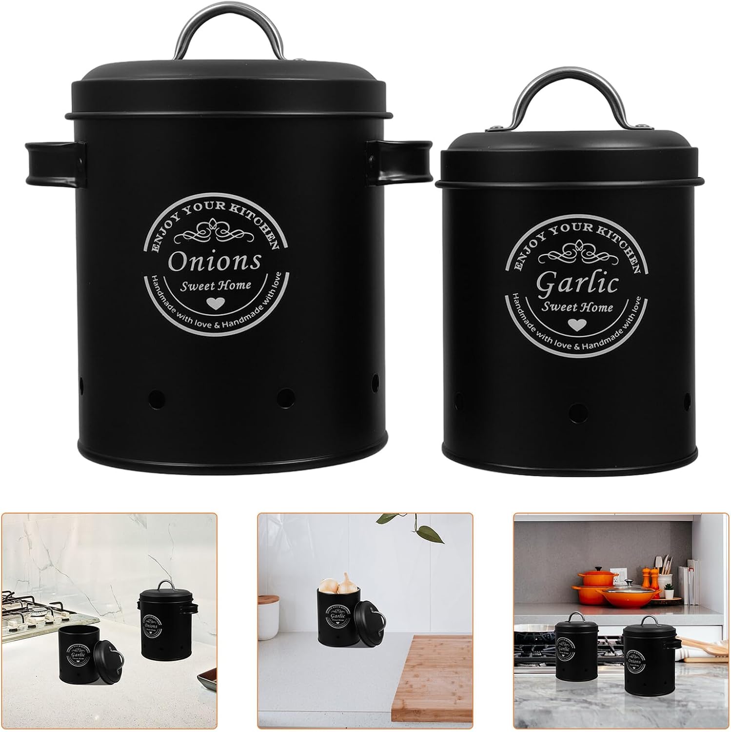 BESPORTBLE 2pcs Vegetable Storage Bins with Lid Set, Black Metal Onion Garlic Keeper with Aeration Holes, Kitchen Pantry Organizer for Fresh Vegetable and Potato Storage