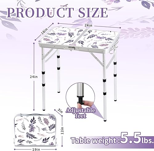 Miniatura 9 de Mesa de camping plegable de 2 pies, mesa de pinic portátil de altura ajustable, mesa de tarjetas pequeñas, de aluminio, plegable, ligera, con asa de