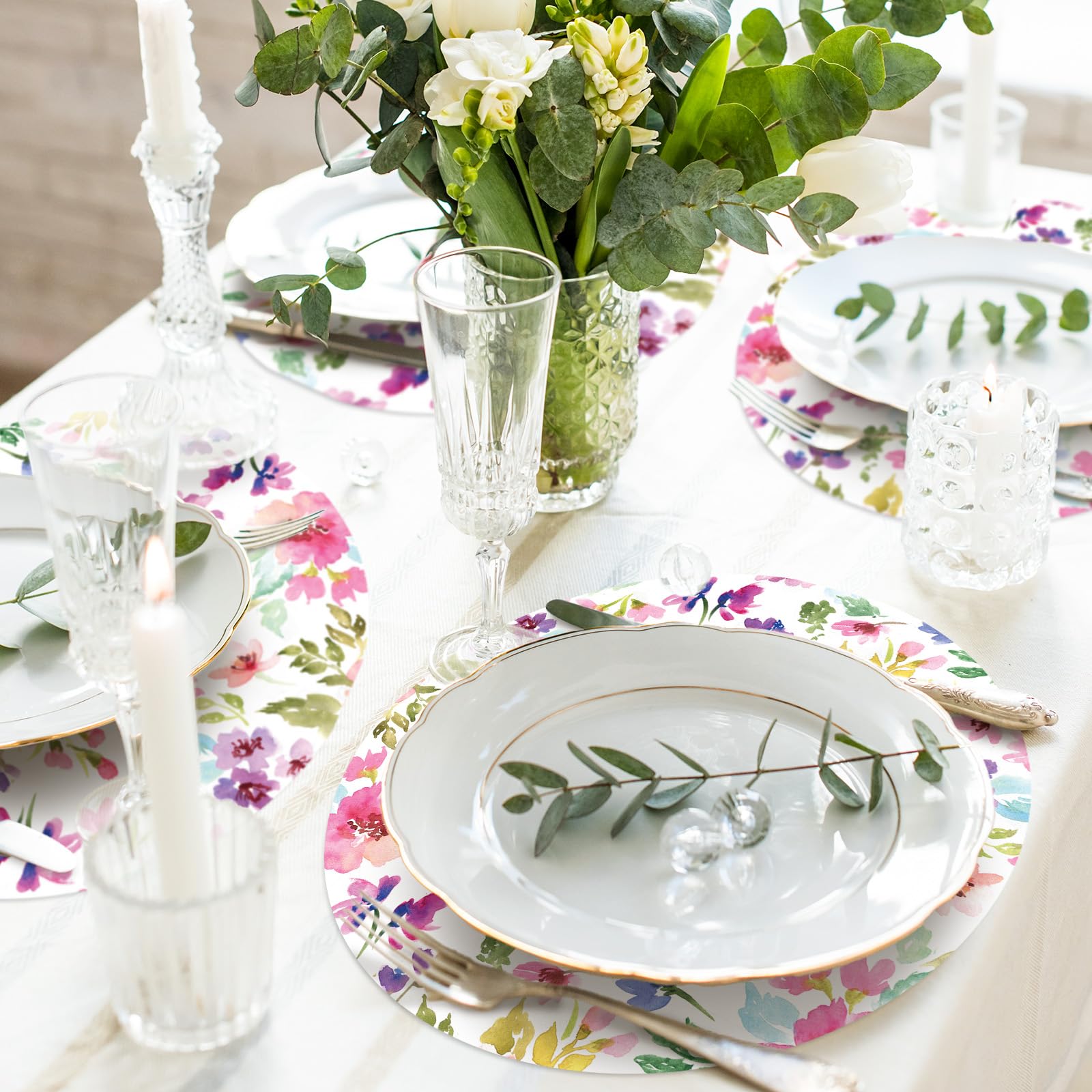 JarThenaAMCS Paquete de 50 manteles individuales de papel floral de 13 pulgadas con diseño de flores coloridas para bodas, baby shower, cumpleaños, cena