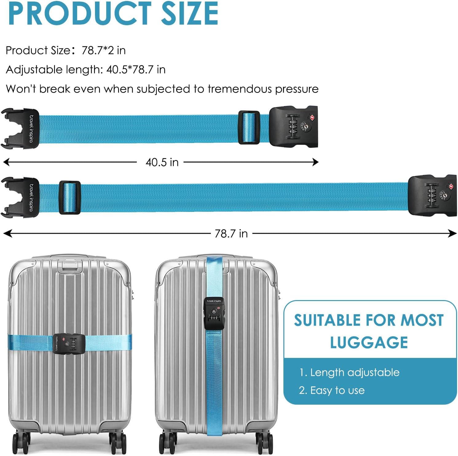 Travel Inspira TSA Approved Luggage Strap - Adjustable Length with Combination Lock and Digital Luggage Scale 110 Pounds, Battery Included