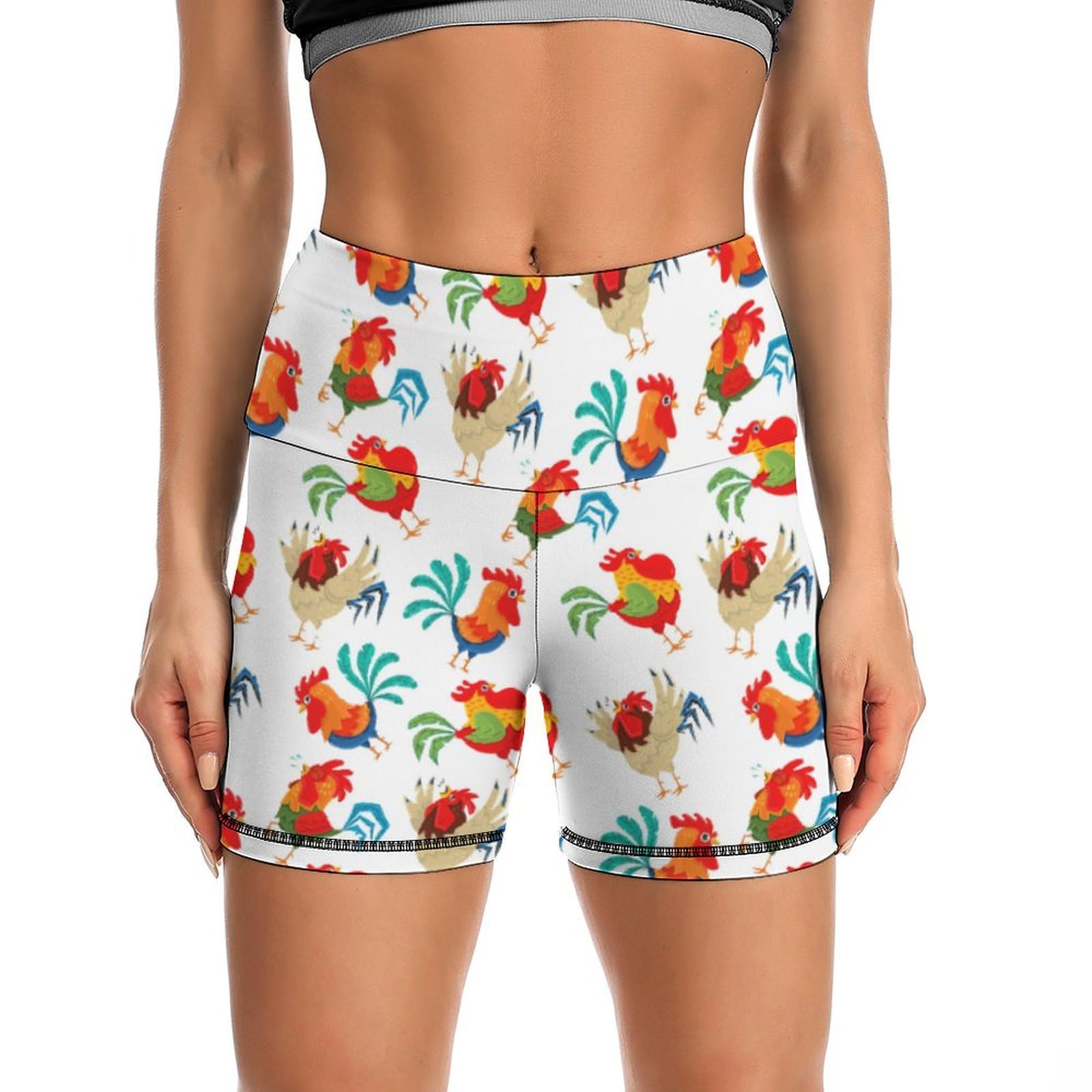JYYAU Rooster Pattern High Waist Yoga Shorts for Women Athletic Shorts Leggings Running Pants Black