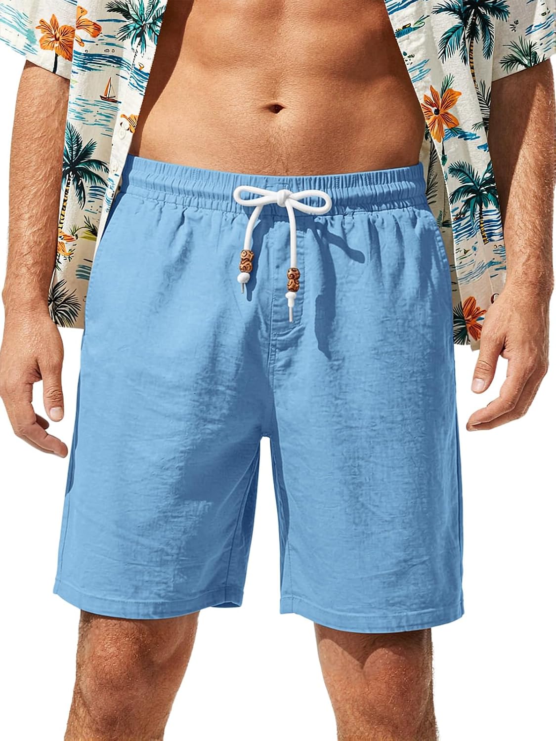 Riskrole Men's Linen Shorts Casual Elastic Waist Drawstring Lightweight Shorts with Pockets Summer Vacation Beach