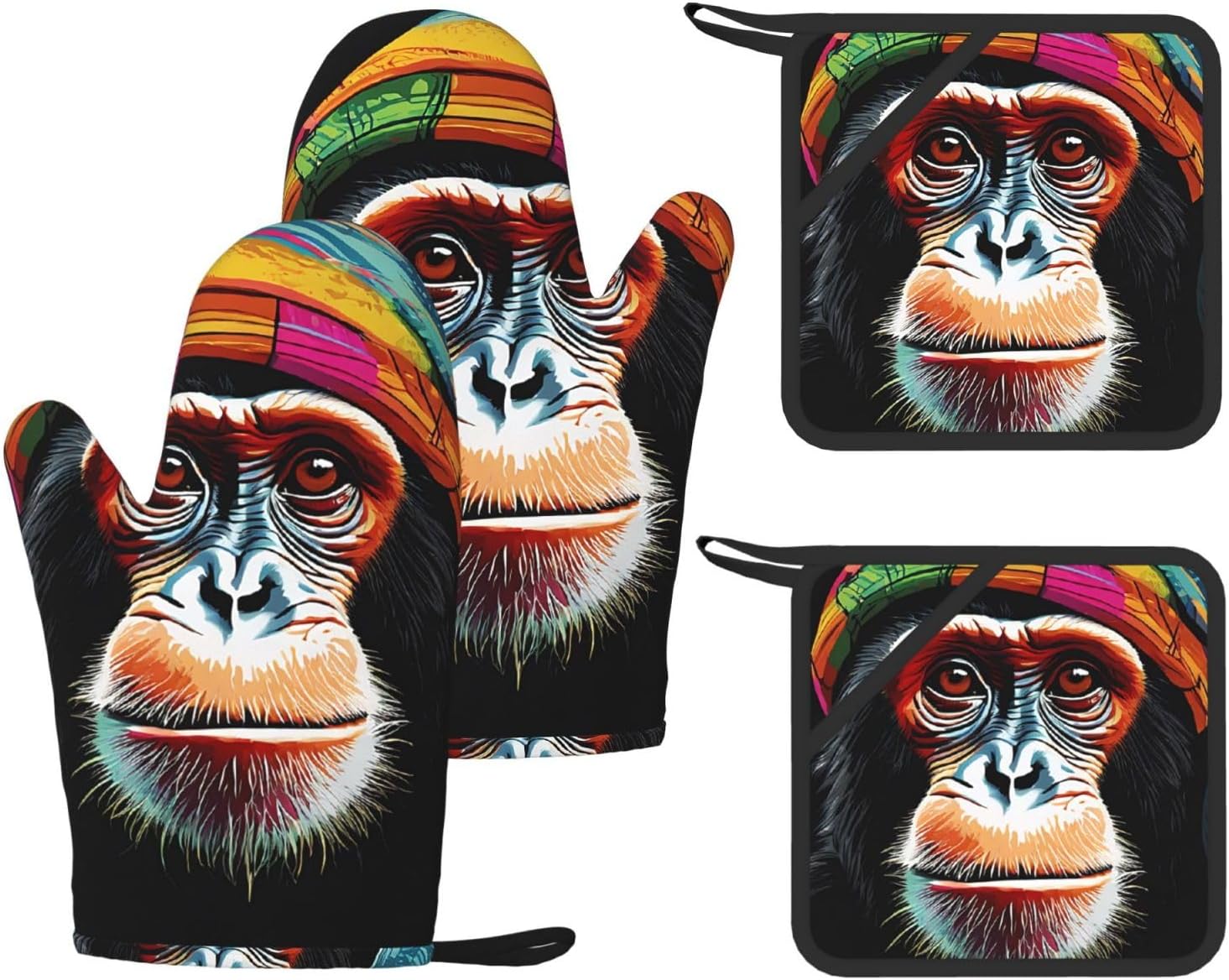 Monkey 4pcs Oven Mitts and Pot Holders Sets for Kitchen, Silicone Oven Gloves Non-Slip Potholders Hot Pads for Baking Cooking