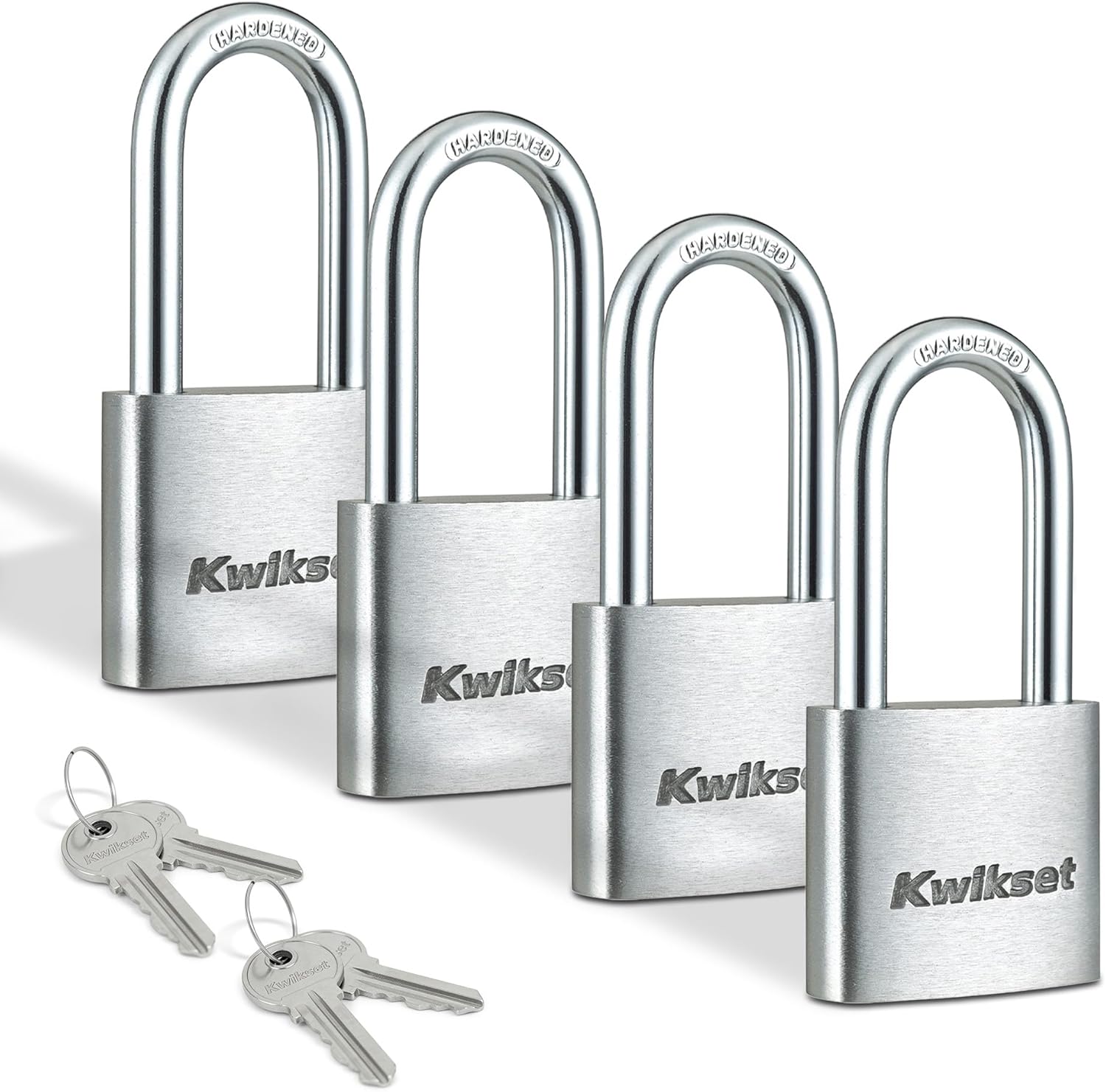 Kwikset Aluminum Padlock with Hardened Steel Shackle, Outdoor Shed and Gate Lock, 1-1/2 in Body, 1-1/2 in Shackle, 4 Pack Keyed Alike, Silver