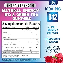 Energy Gummies 1000mcg - with Vitamin B12, Green Tea Natural Caffeine Support, Daily Energy Gummies - Delicious Berry Flavor B12 Chewable Exercise Supplement for Running Cycling & Sports - 120 Chews