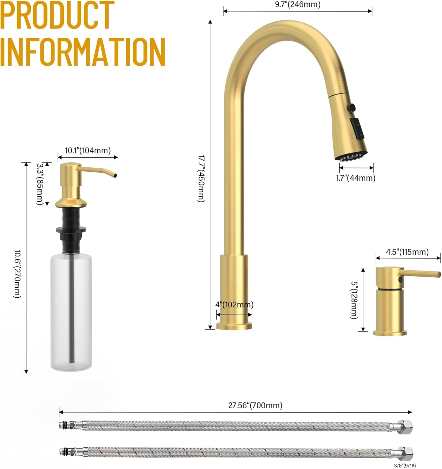 Brass Gold Kitchen Faucet 3 Hole with Soap Dispenser, Gold Kitchen Faucet with Pull Down Sprayer and Separate Single Side Handle 3 Pieces, Stainless Steel High Arc Kitchen Sink Faucet