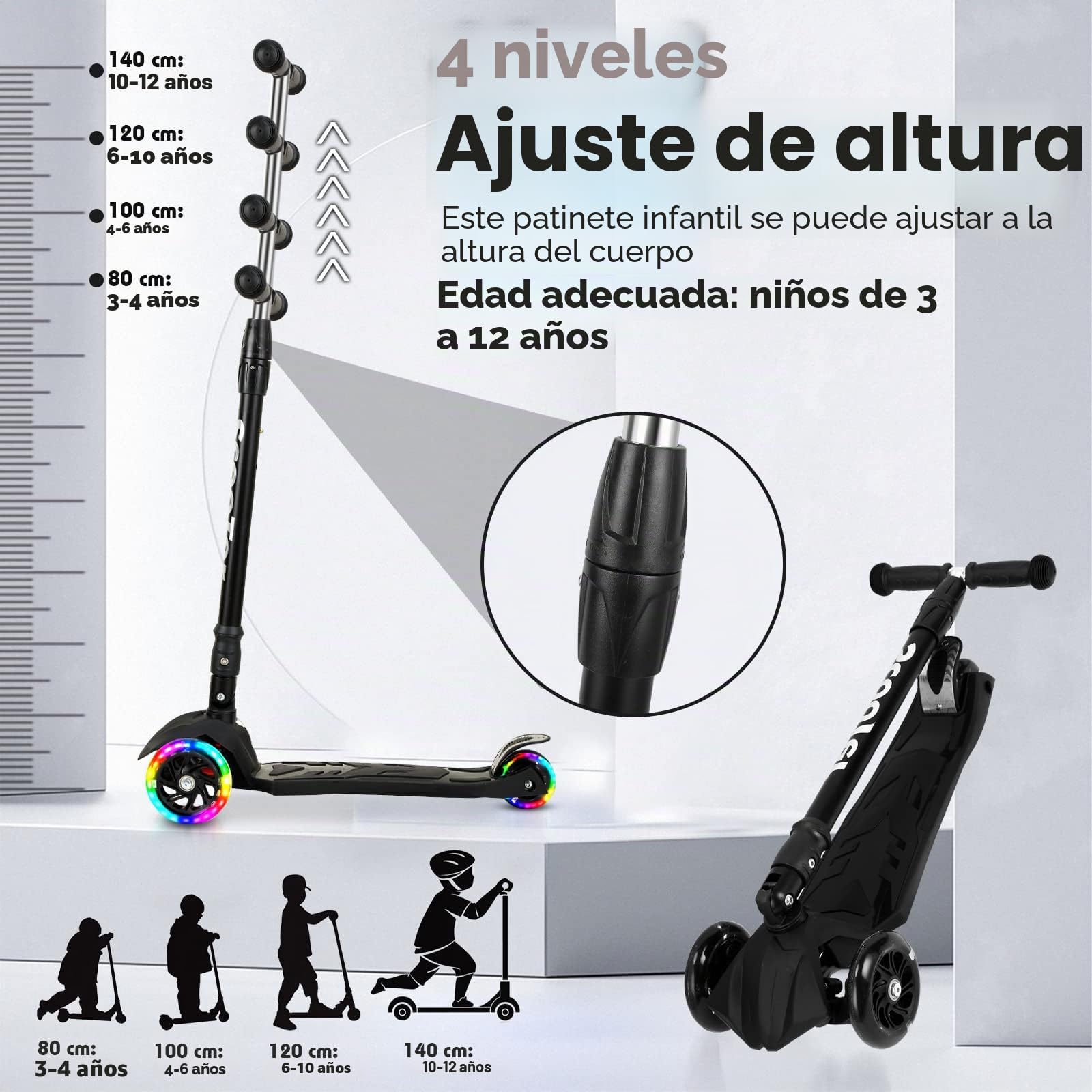 Sonnewelt Patinete Infantil Plegable con LED y Manillar Regulable en Altura, Frenos Traseros, para niños
