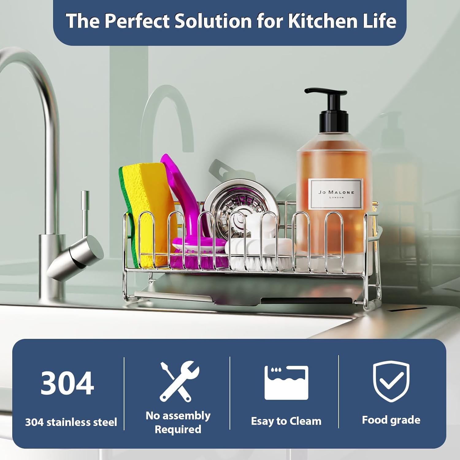 KABUM 304 Stainless Steel Sponge Holder for Kitchen Sink, Compact Sink Caddy with 4 Non-Slip Silicone Pads, Easy to Clean Rustproof 304 Steel, Kitchen Essentials, No-Tools Design (8.27x2.95x3.43)