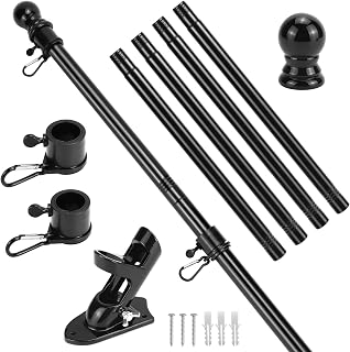 QWORK® Fahnenhalter Set - 1,5m Metall Fahnenmast, Aluminium Halterung, Kugelspitze und um 360° drehbaren Ringen - 45°/90° hängend - für Haus Garten Balkon