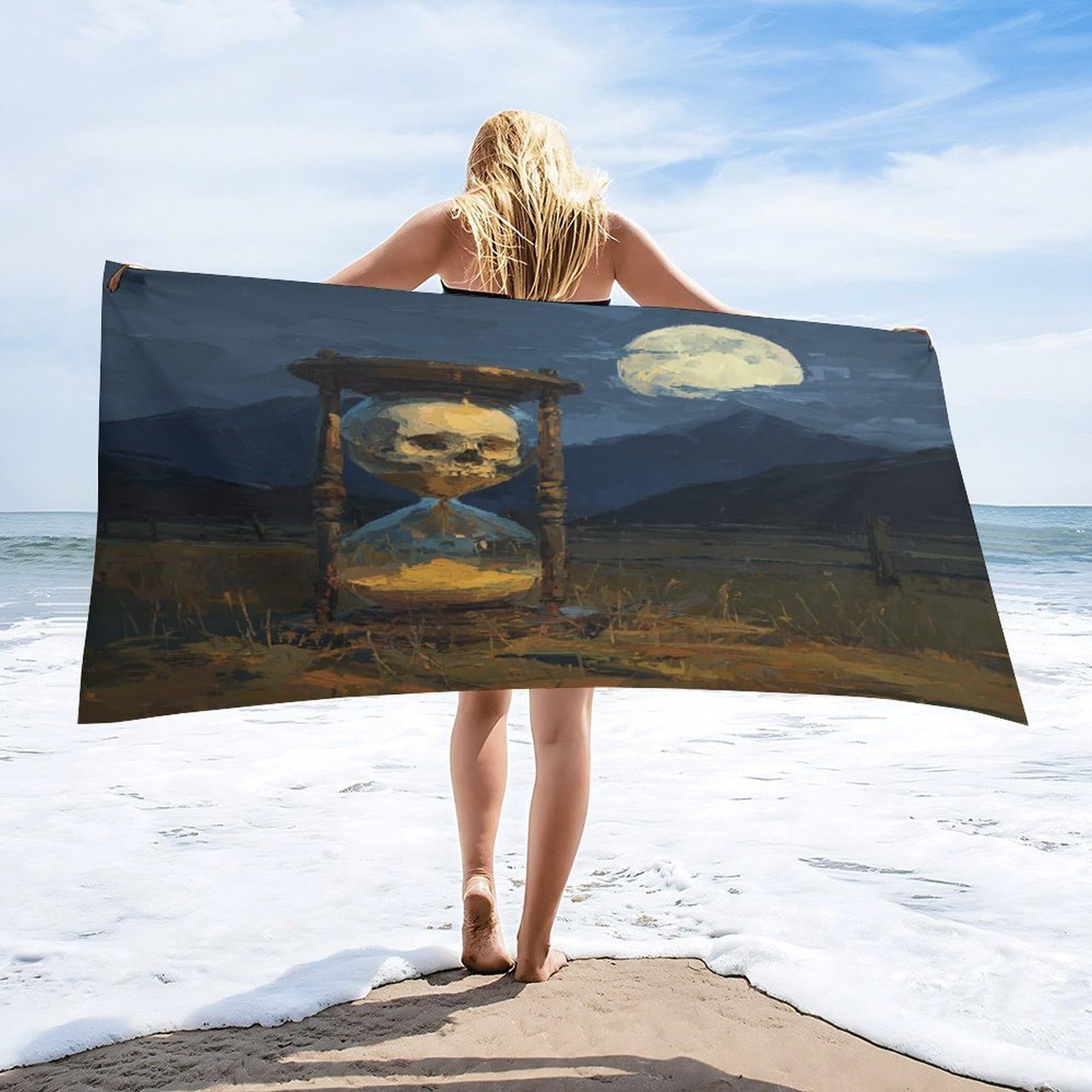 Luyysky Beautiful Realistic Skull Hourglass Absorbent Beach Towel, Classic Spooky Full Moon Mountain Skull Skeleton Outdoor Single-Sided Velvet Beach Towel-80 W Cm X 160" L Cm