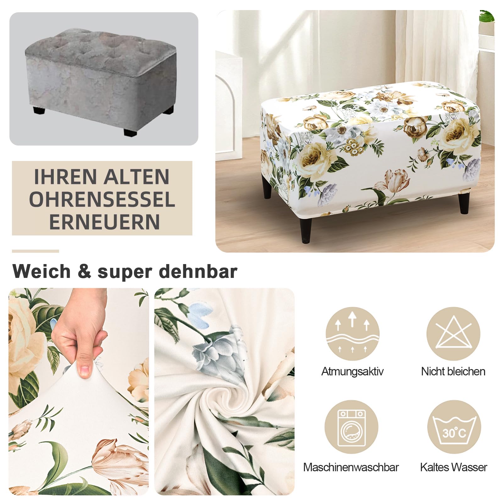 Alishomtll 3-delige oorfauteuilhoes met voetenbankhoes, stretch, fluweel, elastisch, effen, stoelhoes, strandmon, tijger, armleuning, hoge rugleuning, marineblauw