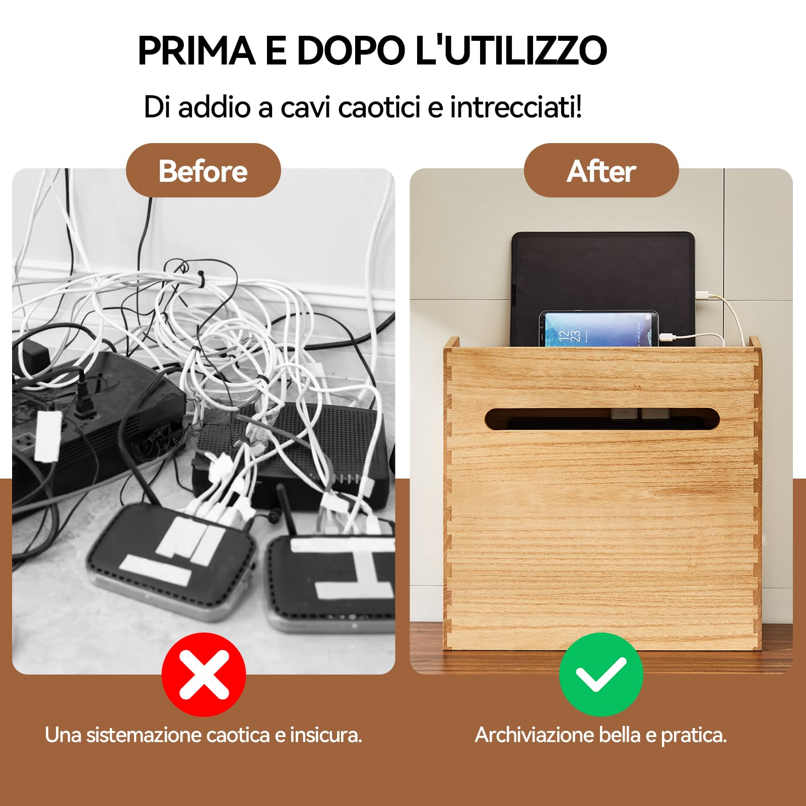 KIRIGEN Scatola di immagazzinamento per router Wifi, scatola di immagazzinamento con ripiano in legno, organizzatore di prese di corrente, gestione e organizzazione dei cavi natürliche Farbe