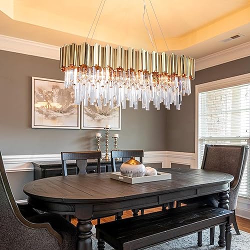 Miniatura 6 de L35.4 Candelabro lineal de cristal moderno de lujo dorado rectangulares para comedor, contemporáneo, ovalado, colgante de gota de lluvia, lámpara de