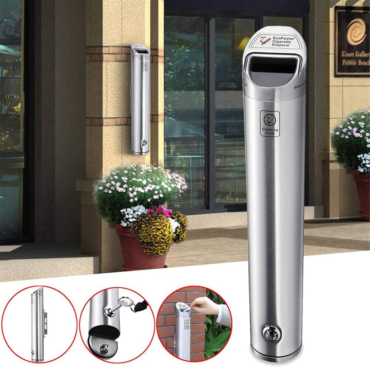 Wall Mounted Stainless Steel Cigar Ashtray for Public Spaces, Large Capacity Commercial Cigarette Butts Container, Outdoor Smokers Outpost Ashtray