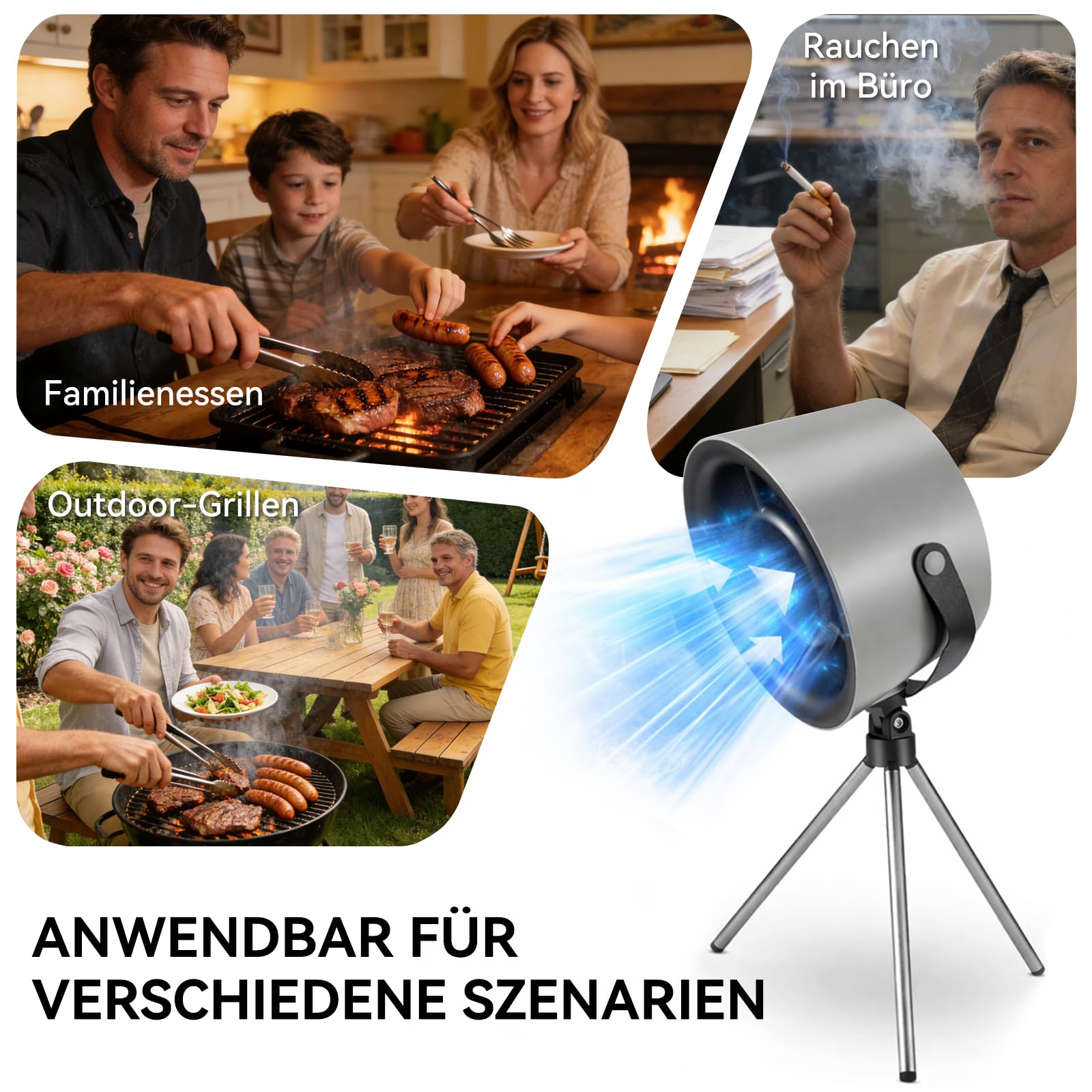 Mobile Dunstabzugshaube ohne Installation, tragbare Mini Abzugshaube mit abnehmbarem Stativ & Aufhängeseil, 3-stufig leise, ideal für Wohnung, RV, Camping, Outdoor, platzsparendes Küchenzubehör
