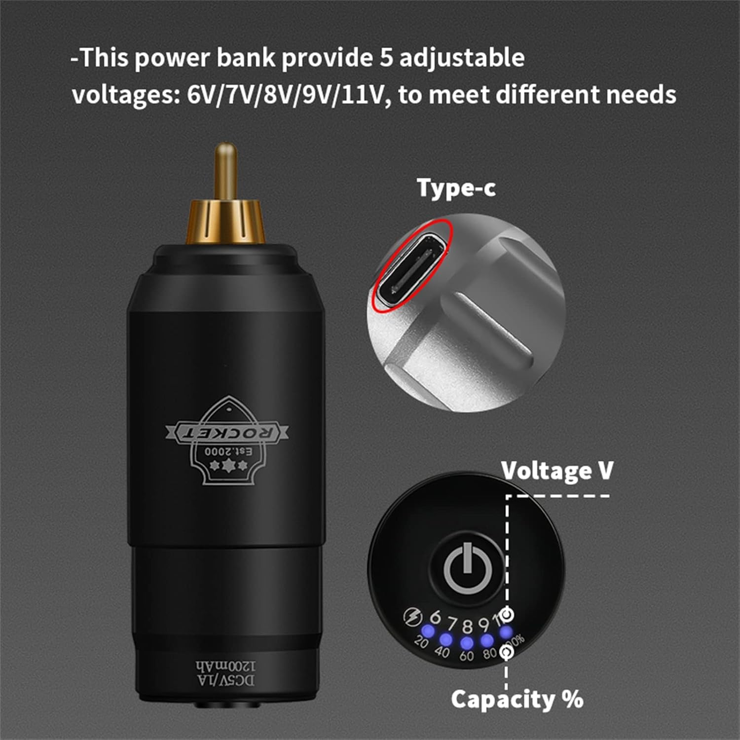 Mini Rocket Tattoo Machine Set 2Pcs Tattoo Power Supply RCA Interface Rotary Tattoo Pen Kit Makeup Eyebrows Lips Tattoo Gun,Grey battery