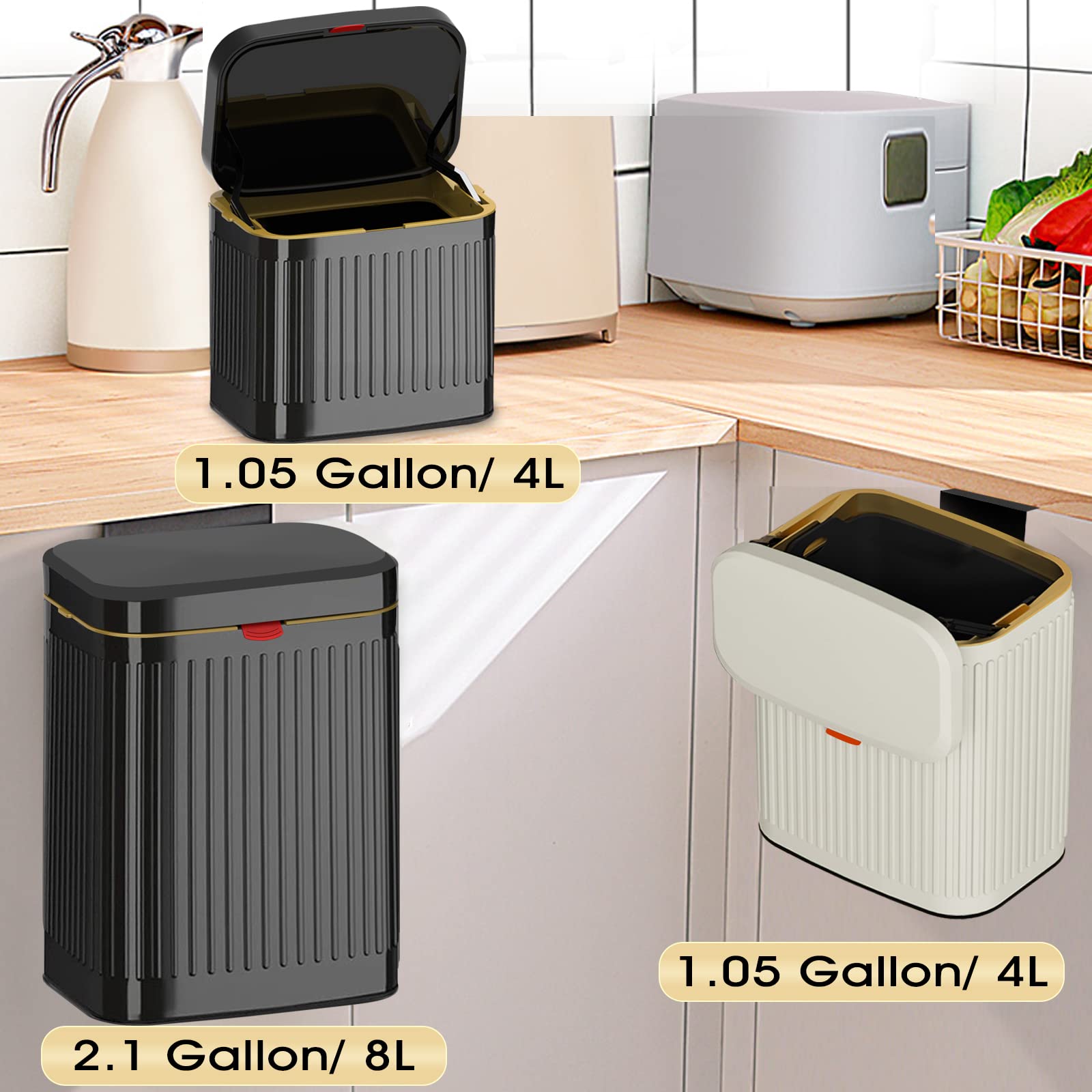 Küchenabfalleimer für die Arbeitsplatte oder unter der Spüle, 3,5 l Edelstahl, kleiner Mülleimer, Wandmontage, Mülleimer mit Deckel für Küche, Schrank, Mülleimer zum Aufhängen (schwarz)