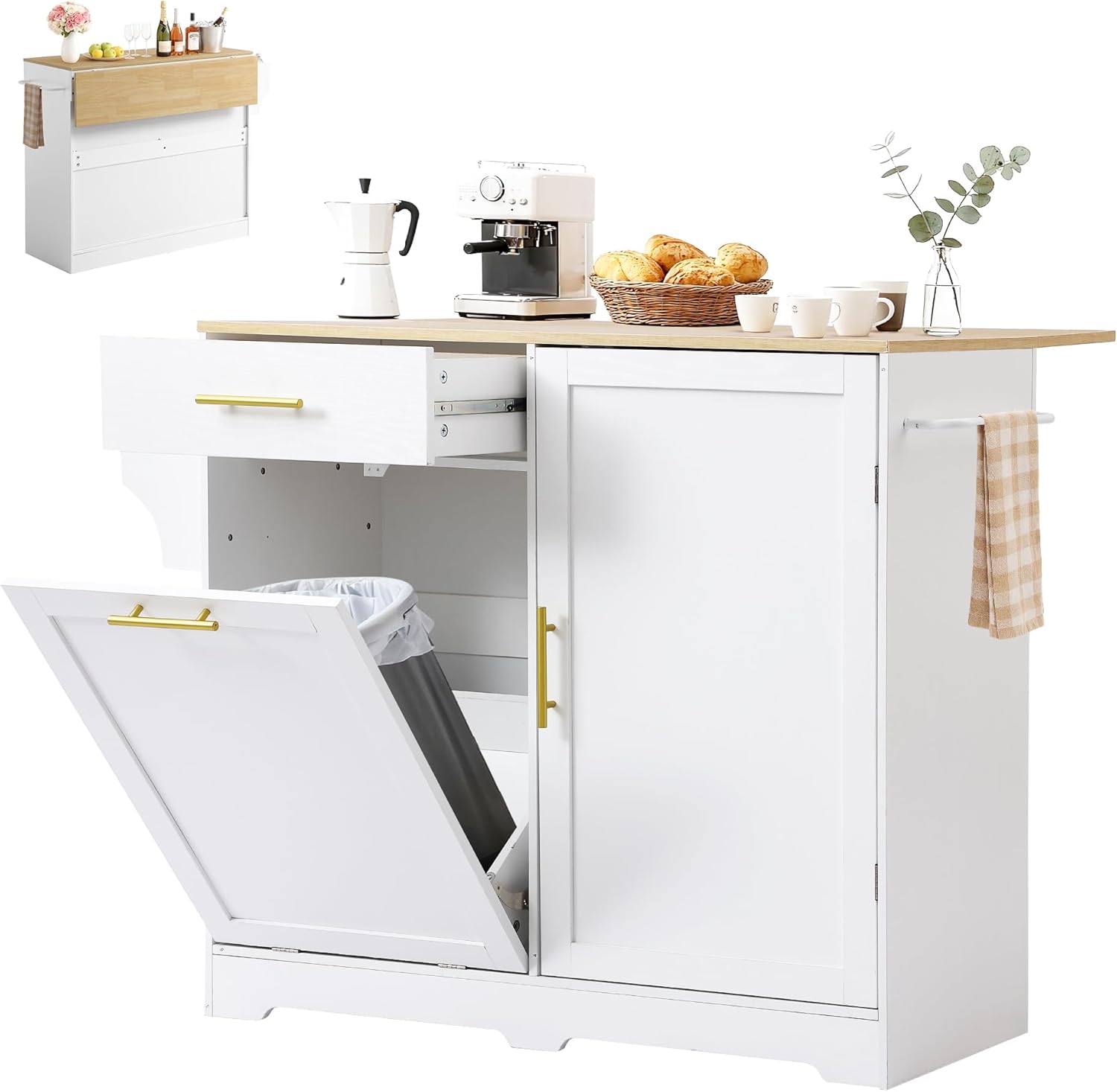 MAGIC UNION Rolling Kitchen Island Cart w/Drop Leaf, Portable Kitchen Islands w/Storage Cabinet, Drawer, Spice Towel Rack, Mobile Islands Table for Kitchens w/Trash Storage Cabinet (White)