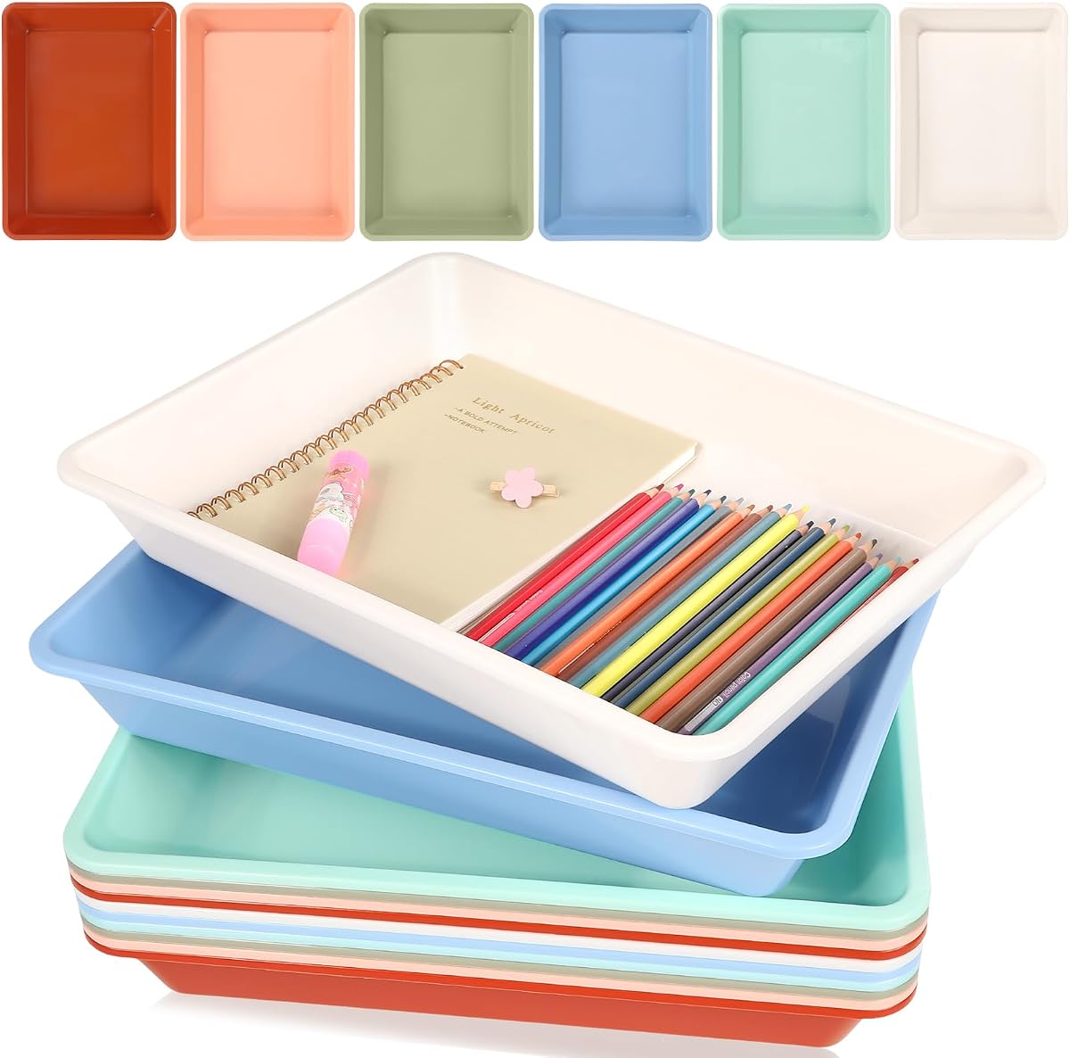 Paquete de 12 bandejas de papel de almacenamiento planas de tamaño carta, bandeja organizadora de plástico apilable, organizador de archivos para aula, biblioteca, escuela, oficina, profesor, organización de libros de escritorio (Boho)