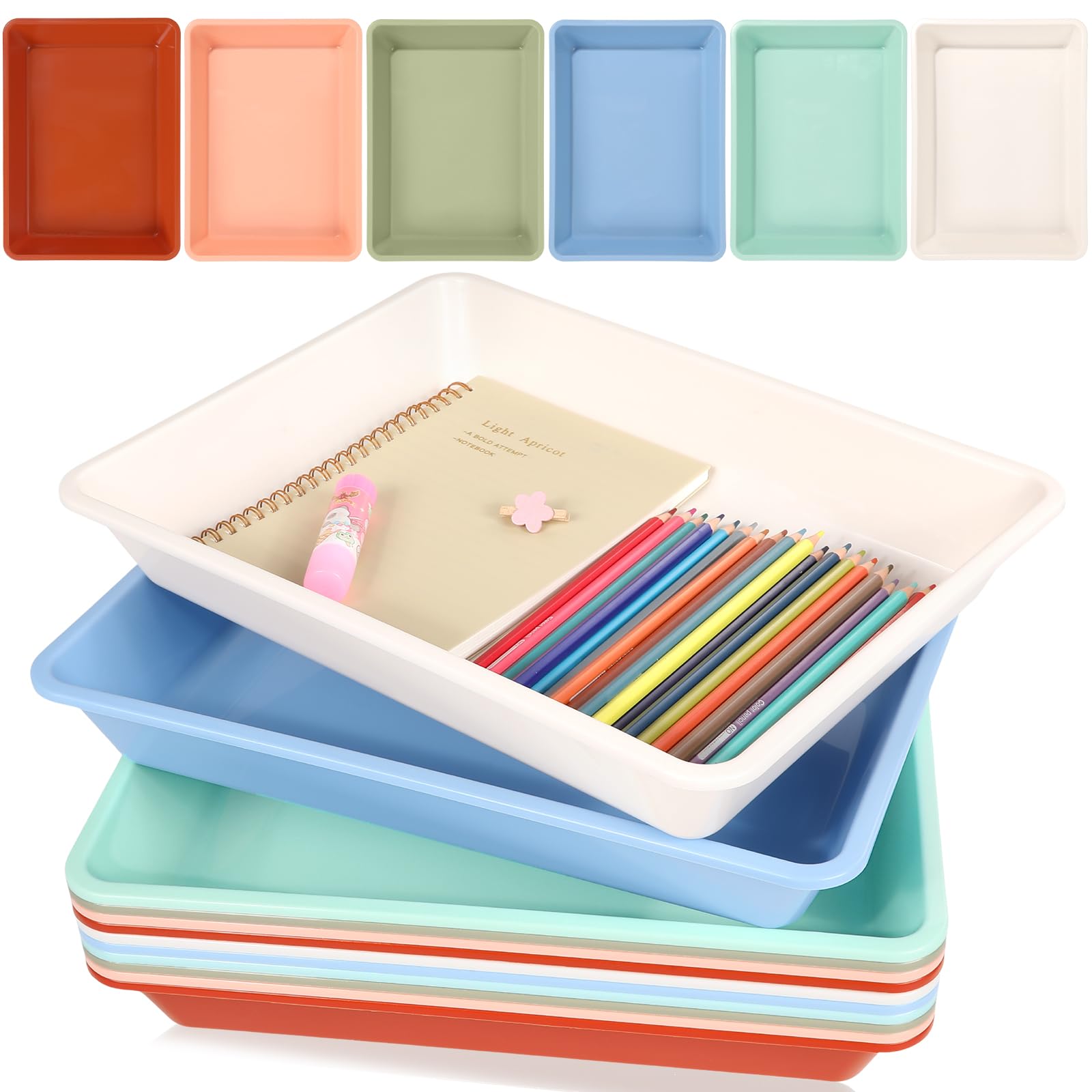 Photo 1 of 12 Pack Letter Size Flat Storage Paper Tray Organizer Bin Tray Plastic Stackable File Organizer for Classroom Library School Office Teacher Desktop Book Organization (Boho)