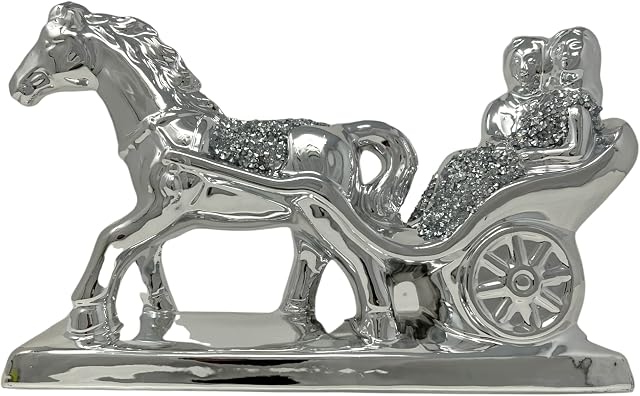 Crushed Diamond Bling Silver Sparkle Unicorn Cart With Grooming Love Couple On Horse Crystal Ceramic Ornament Figure Sculpture Display Wedding Anniversary, Birthday Present, Home Décor