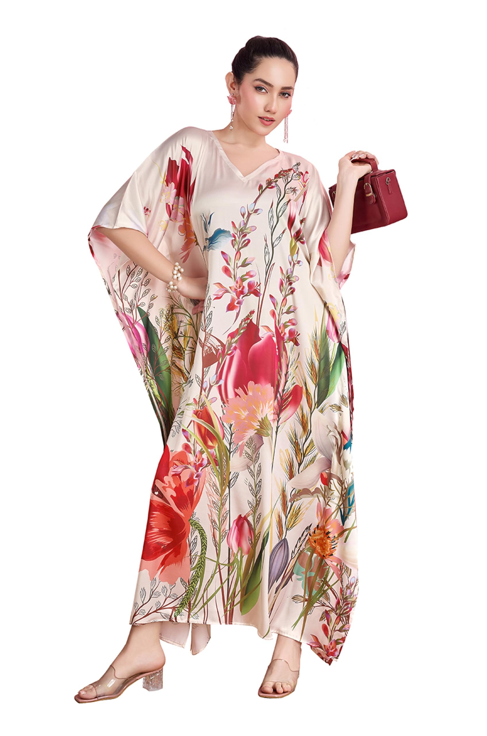 label aarna Soft Satin Kaftan With Digital Print and Hidden Adjustable Belt | Free Size [M-3XL | Resort Wear | Lounge Wear | Kaftan Dress for Women-picture-15