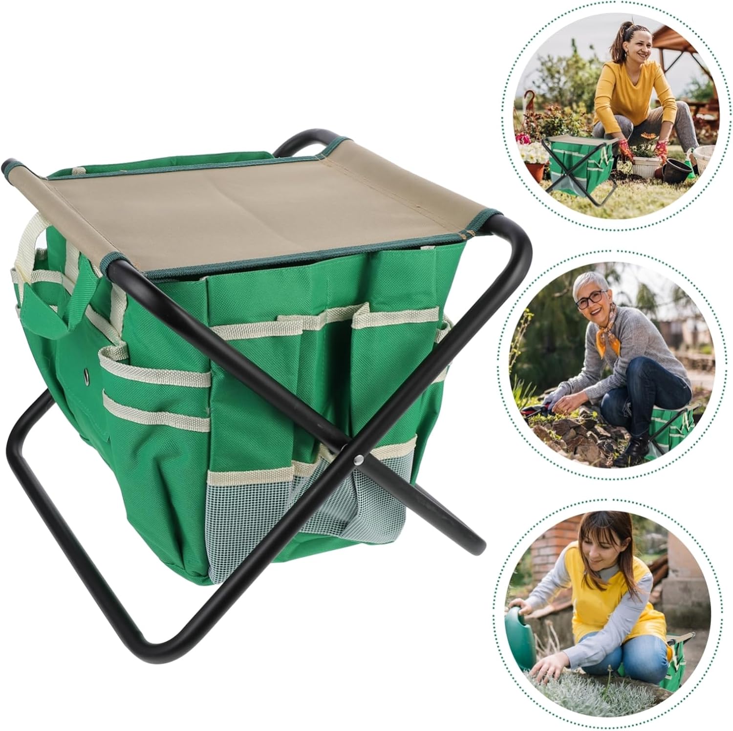 Mipcase 1Set Multifunctional Portable Gardening Stool with Tool Bag Folding Outdoor Camping Stool for Planting and Gardening Space Saving Design Durable and Lightweight