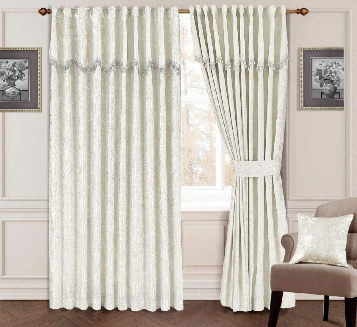 Householdfurnishing Curtains Glitter Jacquard Fully Lined With Pelmet Tiebacks (Cream, 90x108)