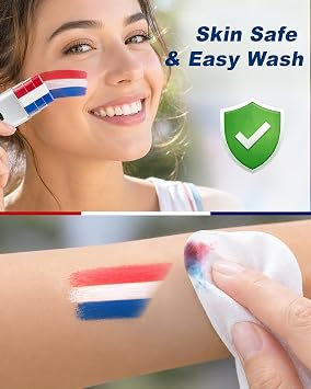 2PCS Red White and Blue Face Body Paint Sticks with American Flag Tattoos, Patriotic 4th of July Accessories for Kids & Adults, Hypoallergenic, Easy Wash Eye-Black for Independence Day & Sports Events