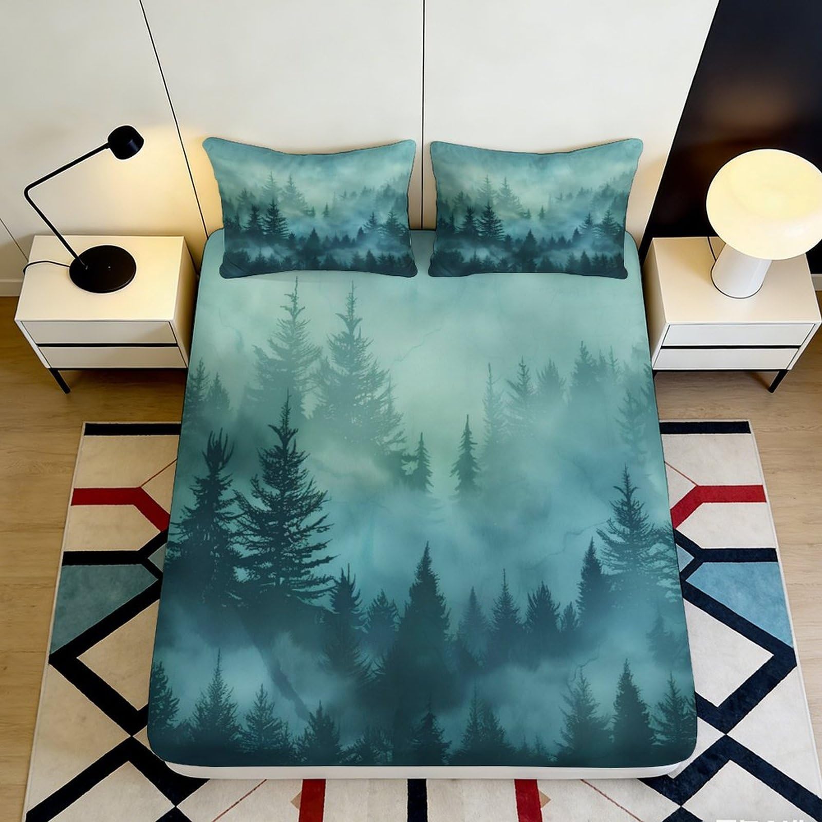 3D Printed Misty Pine Forest Fitted Sheet Microfiber Soft Breathable Evergreen Mattress Cover for Bedroom Decor 140x200x25cm
