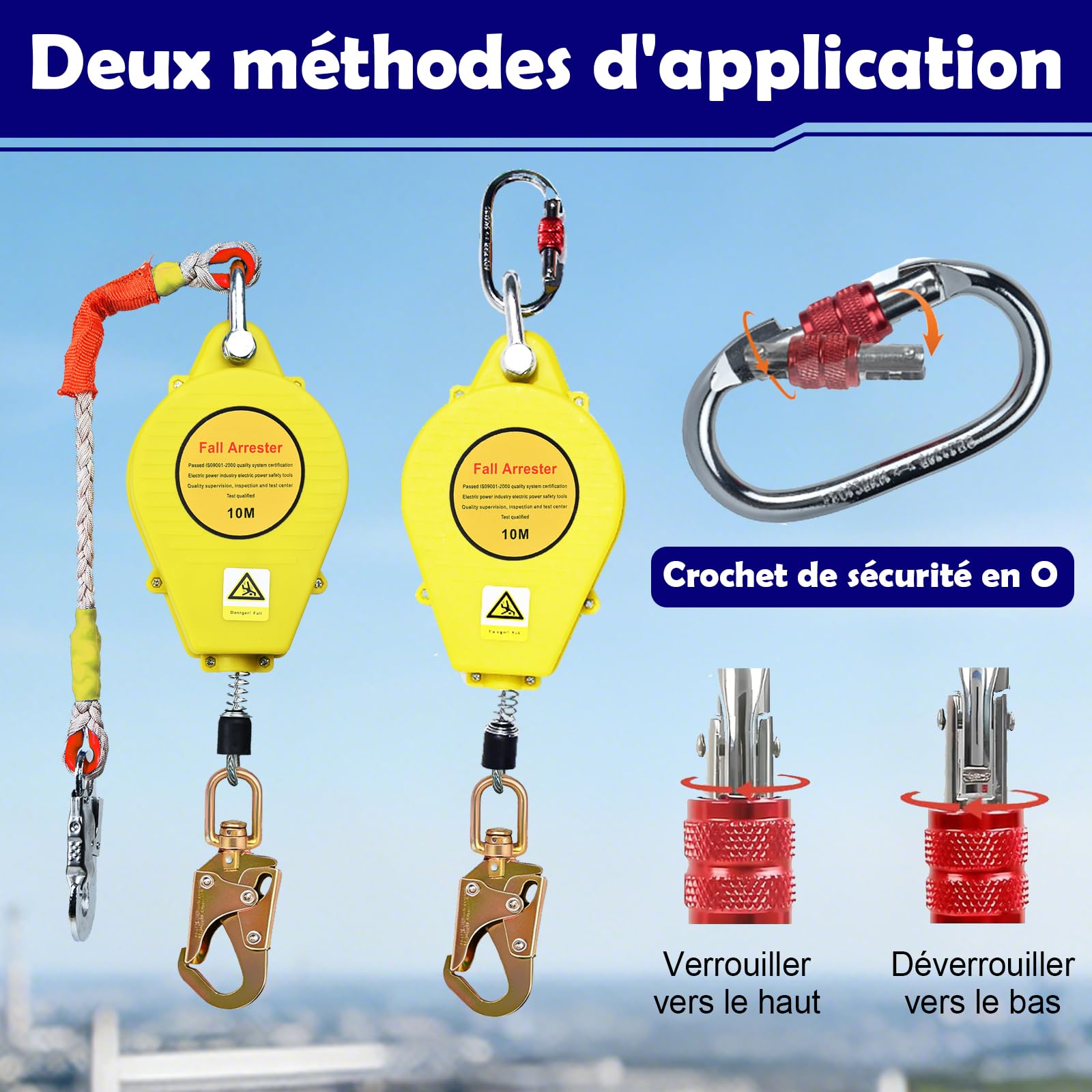 Dispositif Antichute à Rappel Automatique 10m 150kg (Jaune) | Harnais de Sécurité Anti Chute avec Crochet 360° , Dispositif Stop Chute Rétractable pour Travaux en Hauteur sur Toiture
