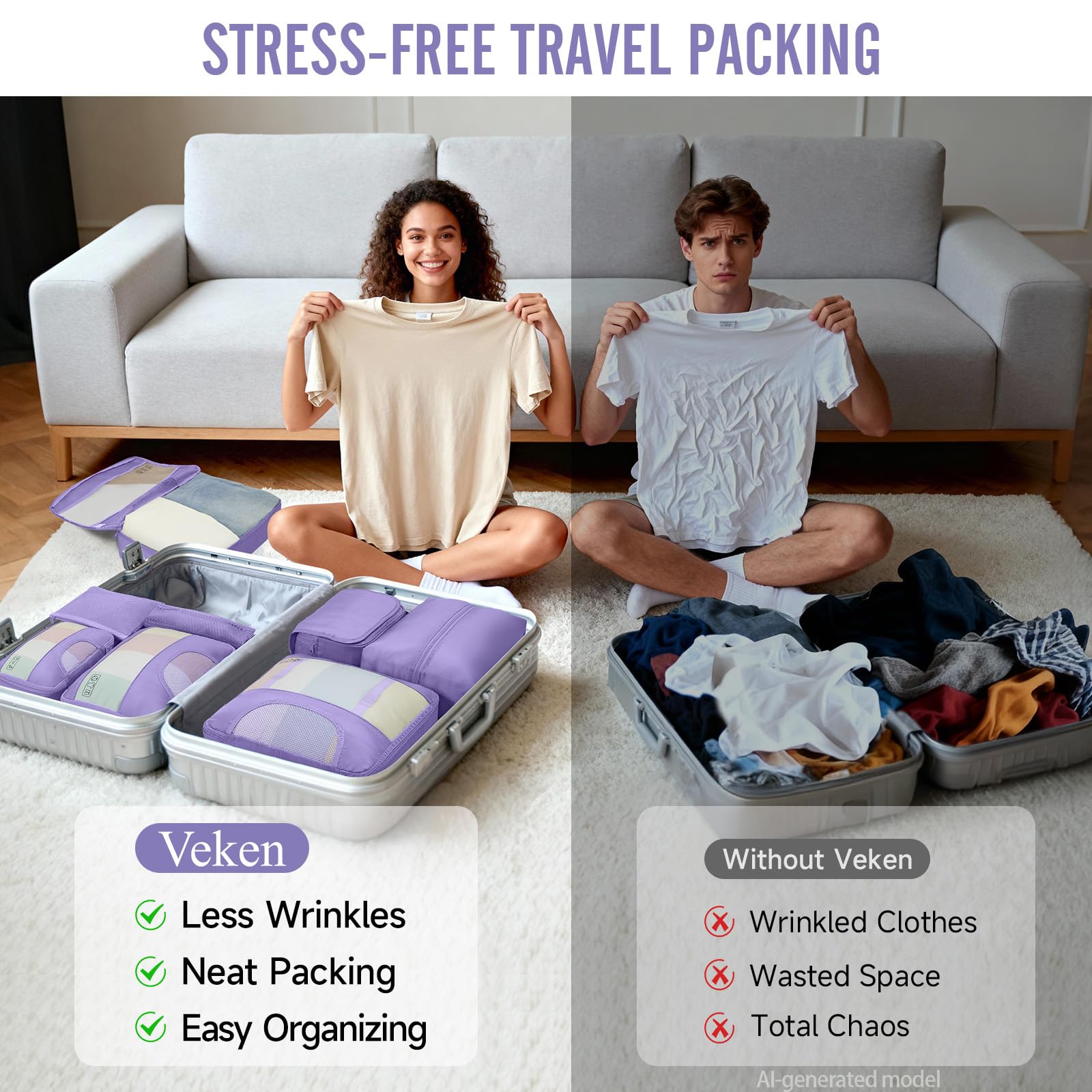Veken 8 Set Packing Cubes for Travel Essentials,Anti-Wrinkle Buckled Suitcase Organizer for Shoe & Toiletry Bag,Carry On Luggage Bag with 99+ Count Mesh Holes for Airplane & College Dorm Accessories view 8