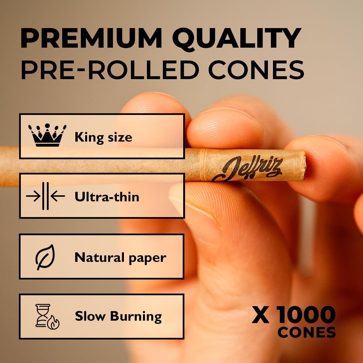 Pre Rolled Cones King Size Slim – 1000 Pack | Jeffriz | 110mm Natural Unbleached Raw Paper Cones with Tips | Slow Burning | Cone Loader & Smell Proof Tube Included | Bulk Pre Roll Brown Rolling Papers