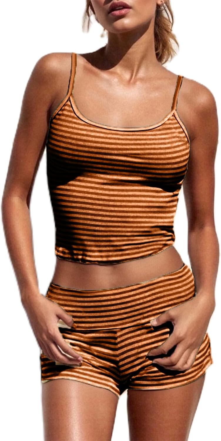 Women Fashion Striped 2 Piece Lounge Set Camisole Crop Top and Fold Over Shorts Pajama Sets Streetwear - Image 2